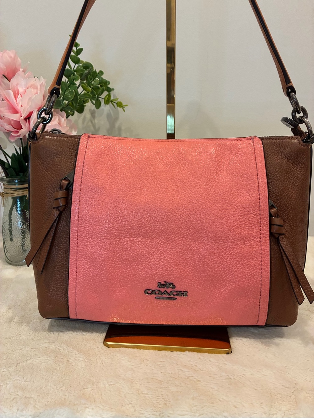 Coach Marlon Colorblock Pebbled Leather Crossbody Shoulder Bag Coral Brown